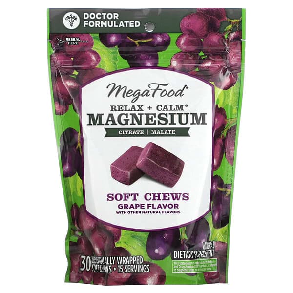 MegaFood, Relax + Calm Magnesium Soft Chews, Grape, 30 Individually Wrapped Soft Chews (125 mg per Chew)