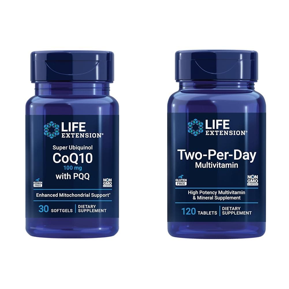 Life Extension Super Ubiquinol CoQ10 100mg 30 Softgels Cellular Energy Support Bundle with Two-Per-Day High Potency 120 Tablet Multivitamin