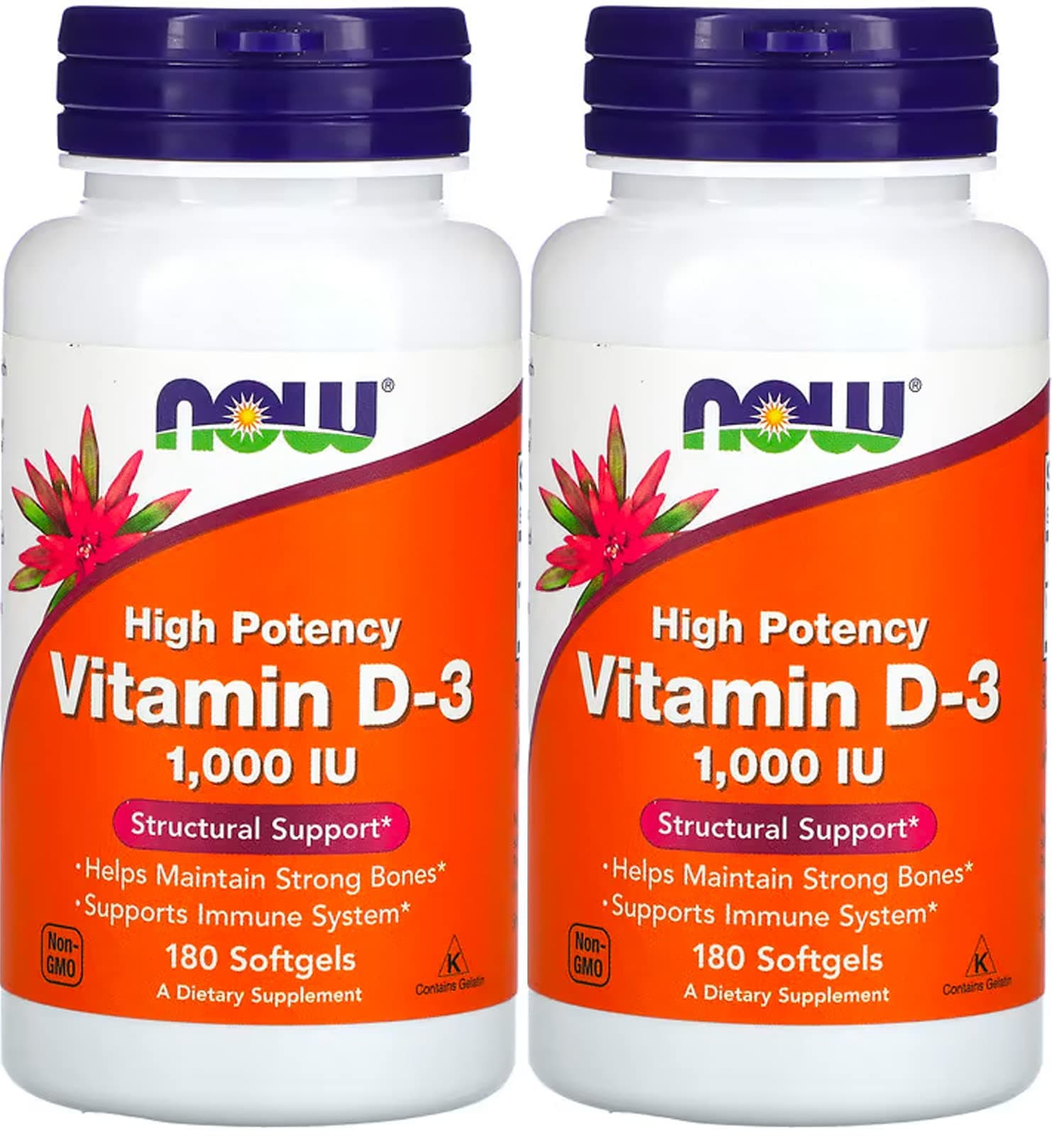 NOW Foods Vitamin D3 1000iu Softgels, 180 Count, 2 Pack