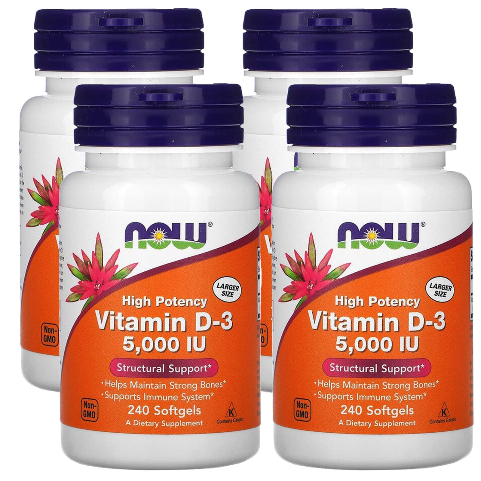 NOW Foods Now Supplements, Vitamin D-3 5,000 IU, High Potency, Structural Support*, 240 Softgels (4 Pack)