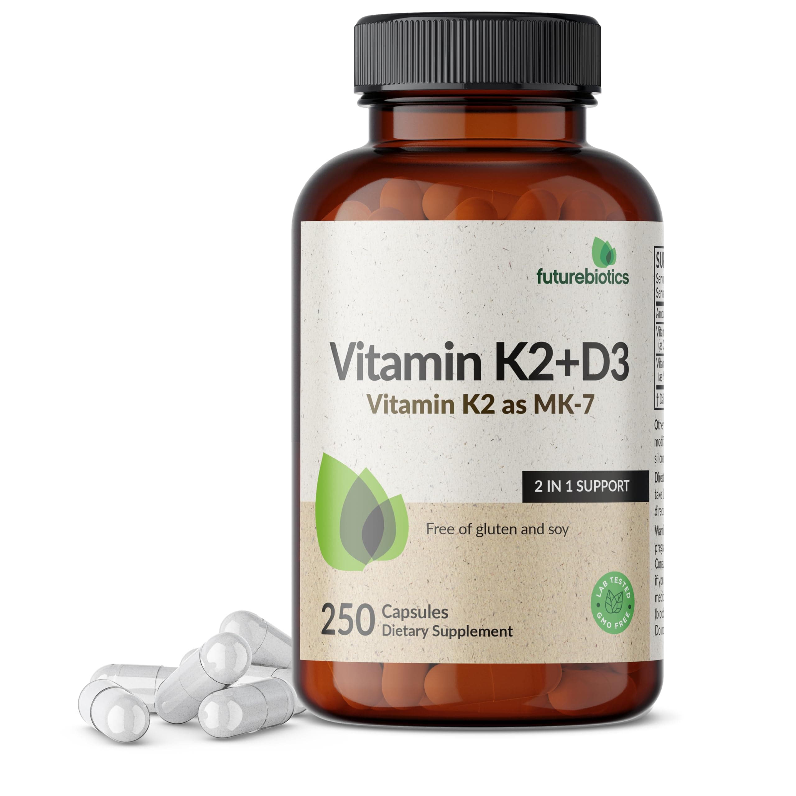 Futurebiotics Vitamin K2 (MK7) with D3 Supplement, 5000 IU D3 & 90 mcg K2, 250 Vegetarian Capsules