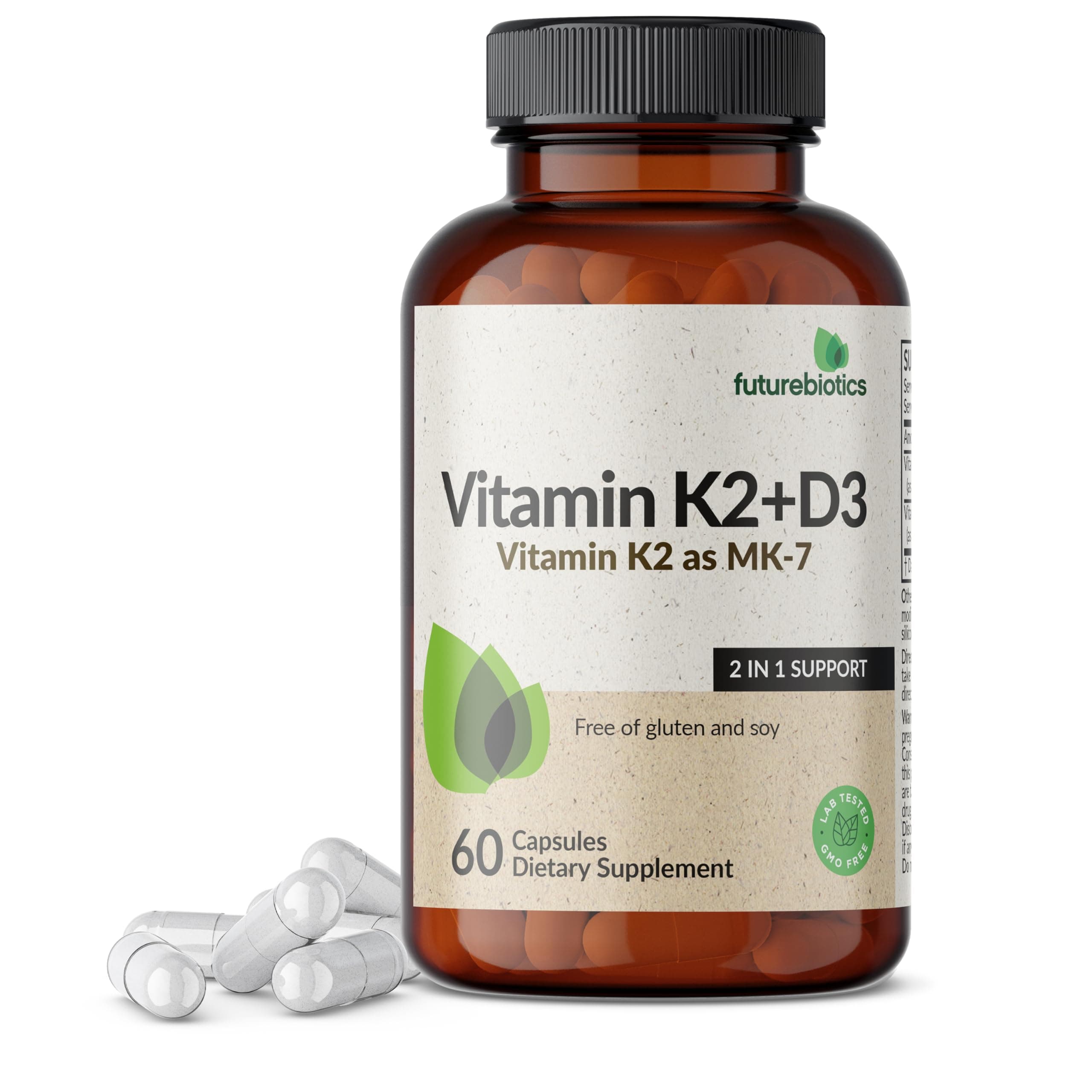 Futurebiotics Vitamin K2 (MK7) with D3 Supplement, 5000 IU D3 & 90 mcg K2, 60 Vegetarian Capsules