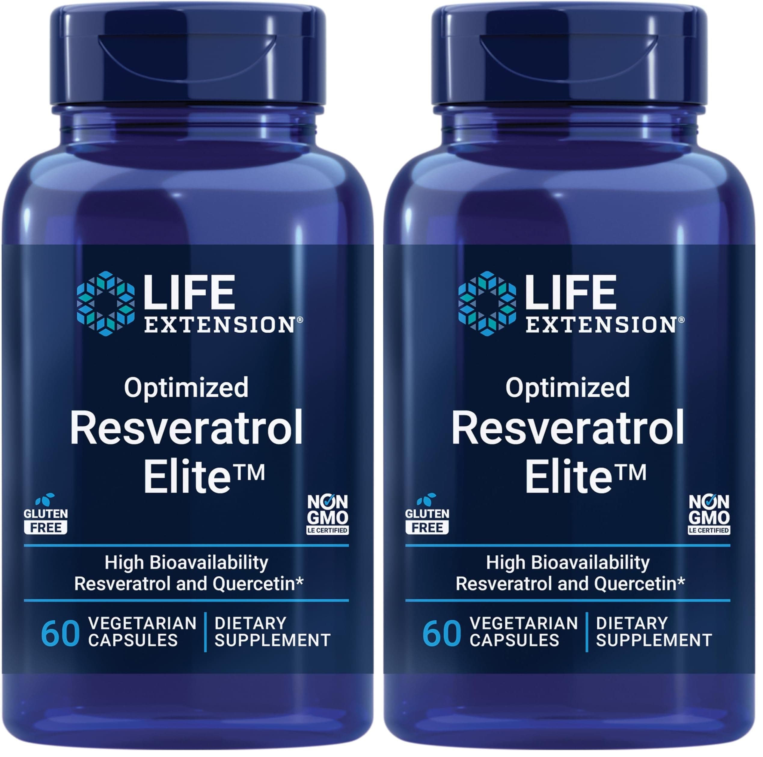 Life Extension Optimized Resveratrol Elite, Trans-resveratrol, quercetin, Healthy Aging, Heart Health, Brain Health, oxidative Stress, Gluten-Free, Non-GMO, Vegetarian, 60 Capsules, (Pack of 2)